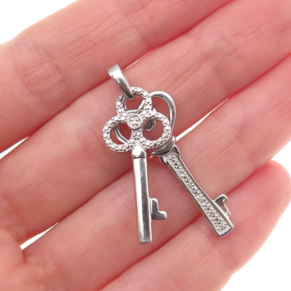 925 Sterling Silver Real Round-Cut Diamond Heart & Club Key Charm Pendant